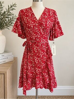 Max Studio Red Floral Wrap Dress